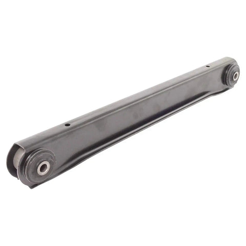 Rear suspension control arm, side view; gray metal with bushings at both ends.