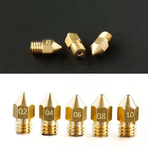 24 Piece Brass MK8 3D Printer Nozzle Set For Makers Pro Grade With 0.2mm 0.4mm 0.6mm 0.8mm 1.0mm Nozzles, view of six brass nozzles