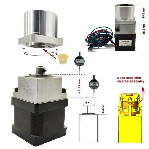 Harmonic Drive 50 To 1 Small Strain Wave Gear Reducer for Nema 14 stepper motors with flange, showing dimensions and components.