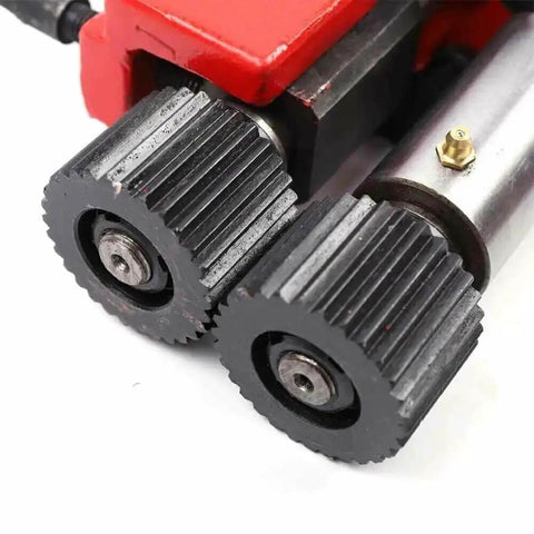 Close-up of the rollers of a Bead Roller Machine With 7 Inch Throat And Six Die Sets For Sheet Metal Fabrication And Auto Body Work Pro Grade