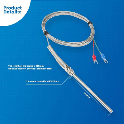K-Type thermocouple with 100 mm stainless steel probe, M8×1.25 thread, 2 m braided wire, red/blue leads.