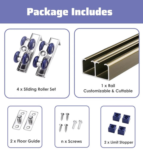 Package contents showing Double Rails Cabinet Closet Door Hardware Kit With Ceiling Or Wall Mount Bypass Sliding Panel And Rollers