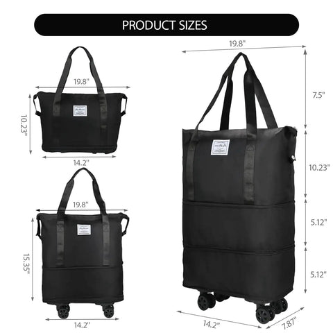 Product sizes for Expandable Rolling Duffle Bag With Wheels 22 To 42 Liter Capacity Foldable Luggage with dimensions in inches.