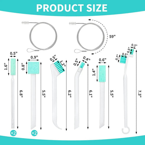 Ice Machine Cleaner Brush Kit, 10-Piece Set With 2 Extra-Long Drain Pipe Brushes And 8 Crevice Brushes, product dimensions displayed