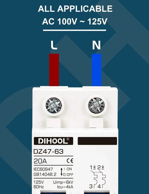 Front view of AC Miniature Circuit Breaker 2 Pole 20 Amp 110V Low Voltage Disconnect Switch For DIN Rail Mount, C Curve Trip