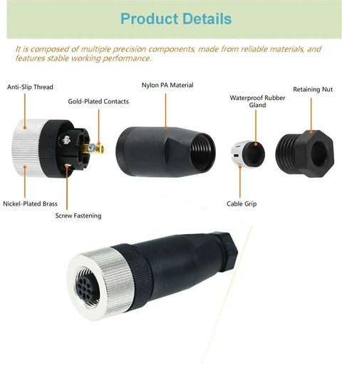 Components of 10 Pack M12 5 Pin Panel Mount Aviation Connectors Set Straight Male Female Waterproof IP67 Circular Wire Connector