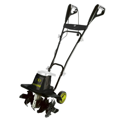 Corded Electric Garden Tiller And Cultivator With Steel Tines, 16 Inch Width, 12 Amp Motor, front view with folding handle