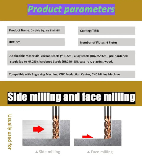 6mm Carbide Square End Mill 4 Flutes CNC Router Bit Pro Grade Beefy Cutter For Alloy Steel And Hardened Steels HRC55 TISIN Coated shown for side and face milling