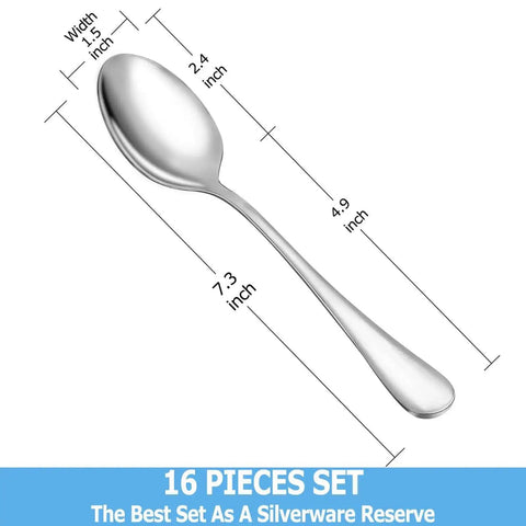 Big Value 16 Piece Dinner Spoon Set 7.3 Inch Tablespoons Premium Food Grade Stainless Steel Spoons with Dimensions