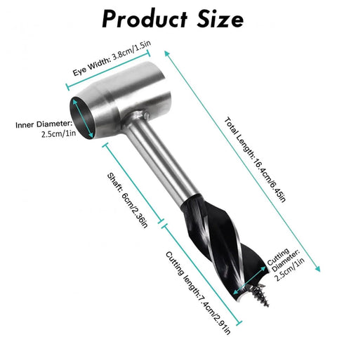 Handy Auger Wood Drill For Camping And Bushcraft, Portable Manual Wood Hole Maker with dimensions labeled, durable steel bit