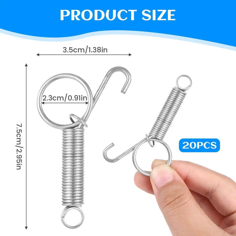 20 Pack Spring Cage Latch Clips For Dog Crates Rabbits Cats Birds Parrots, showing size dimensions and silver metal material