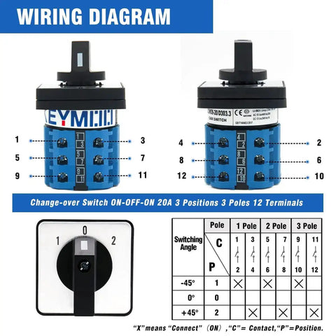 Wiring diagram for Beefy Rotary Changeover Switch 20A 2 Way 3NO 3NC 660V Three Phase 12 Terminals On Off On Latching Universal Selector Switch