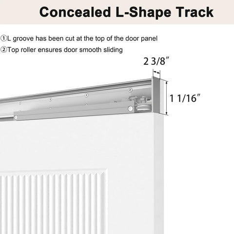 Concealed L-shape track of 36x84 Concealed Barn Door With Soft Close Hardware Kit, highlighting smooth sliding mechanism.