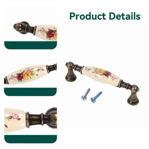 Vintage Ceramic Drawer Handles In Antique Bronze With Elegant Flower Pattern, shown with alloy drawer pulls and screws.