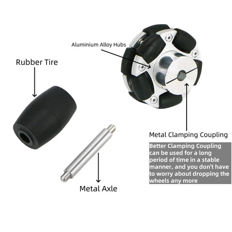 60mm Omni Wheel Aluminum Alloy Rubber Tire with 6mm Inner Dia Flange Coupling and components for ROS smart car chassis and 4WD robots