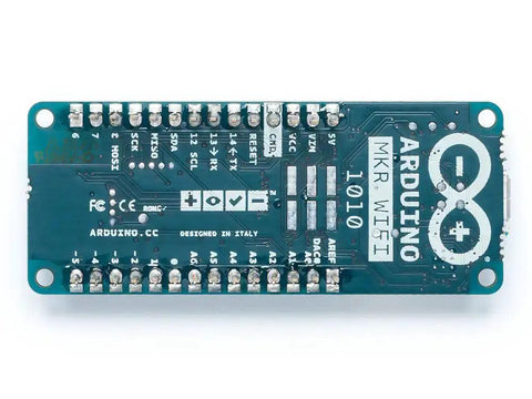 Top view of MKR WiFi 1010 Board with 32 Bit ARM Cortex M0 Plus Processor showing pins and components