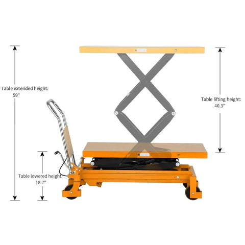 APOLLOLIFT hydraulic lift table cart with scissor lift, orange, 4 wheels, 1760 lb capacity, side view