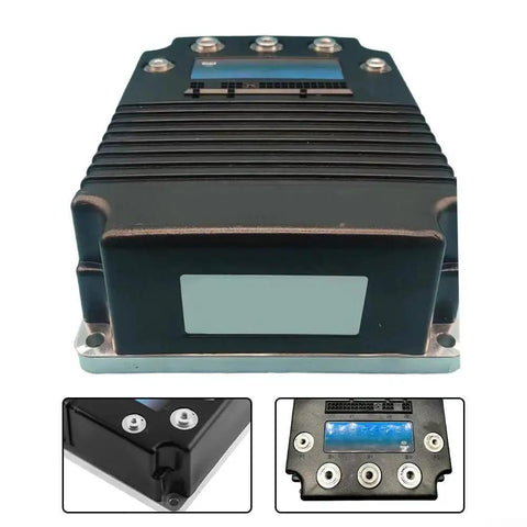 DC motor controller for golf carts with finned housing, blue display, 6 power terminals, 36V-48V, 400A