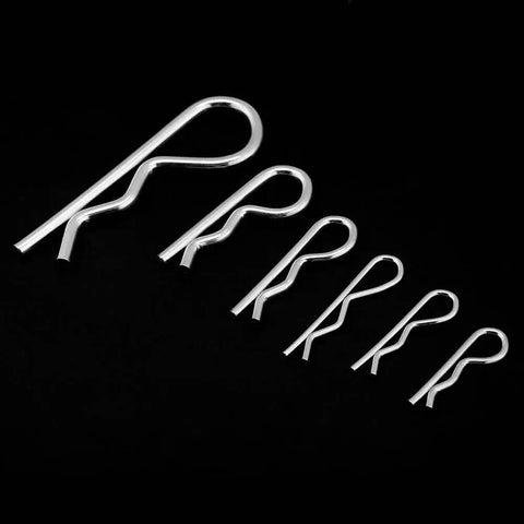 150 Pcs R Clip Cotter Pin Set With 6 Sizes In Plastic Box For Automotive Mechanics Tractor Hitch Pin Hairpin Fastener Car Truck Lawn Mower Repair And Heavy Duty Quick Secure Pins arranged in size order against black background.
