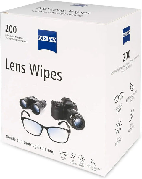 Box of ZEISS Lens Wipes Pre Moistened for Glasses and Sunglasses Safe for Coatings, showing packaging design.