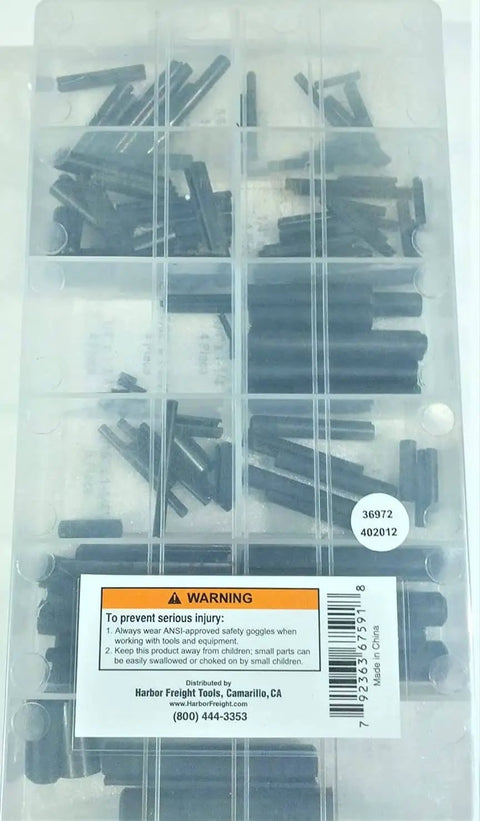 Roll Pin Assortment Kit 120 Piece In Spring Steel With 10 Diameters From 3/32 To 3/8 Inch and 11 Lengths From 3/16 To 2 Inches in clear case
