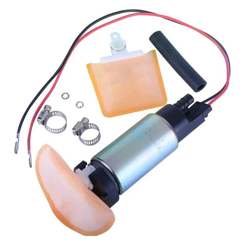Beefed Up High Performance 1 Piece Electric In Tank EFI Fuel Pump Kit With Strainer Filter Gasket Hose Stainless Steel Clamps Universal Wiring Harness And Installation Kit with visible components.
