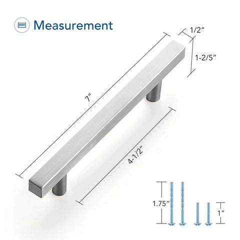 Measurement diagram of Brushed Nickel Cabinet Handles Set Of 10 Square Pulls 4-1/2 Inch Center To Center with screw sizing