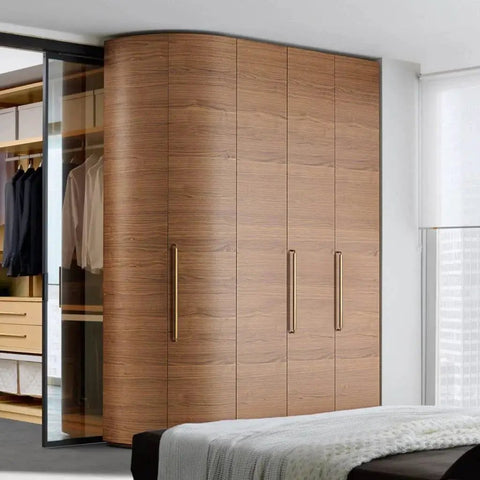 Wooden closet with 5 Inch Hole Center Antique Brass Cabinet Pulls Zinc Alloy Kitchen Drawer Pulls 6 Pack handles installed.