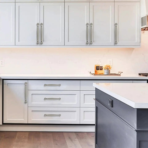 Kitchen cabinets with 10 Pack 6 Inch Brushed Satin Nickel Cabinet Pulls Durable Solid Zinc Alloy Round Cabinet Hardware installed.