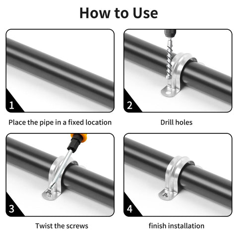 1-inch zinc-coated pipe strap clamp installation: pipe with U-bracket and screws, drill shown in four steps.