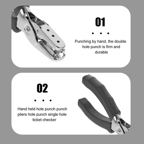 Close-up of metal single hole puncher with ergonomic handles and built-in guide, ideal for home office and crafts use.