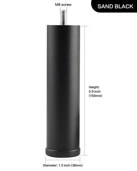 Black 6-inch metal cylinder furniture leg with M8 screw, part of the 4 Pack 6 Inch Metal Cylinder Furniture Legs With M8 Screws Black Finish.