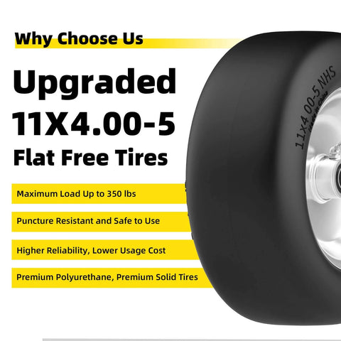 Flat Free 11x4.00-5 Lawn Mower Tire And Wheel Set For Zero Turn Mowers, Solid Polyurethane Front Tires, Heavy Duty 350 Lb Load