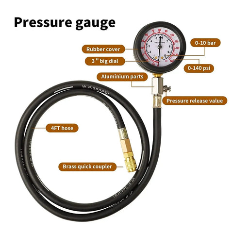 Oil Pressure Tester Tool Pro Grade Gauge Kit 0-140 PSI With Dual Display, rubber cover, 4ft hose, brass quick coupler