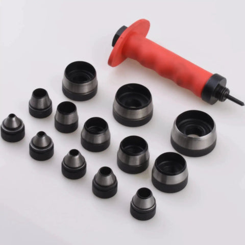 Pro Grade Leather Punch Set With 13 Hollow Punch Heads for clean holes and gaskets, includes pinpoint punch shaft and durable ABS case.