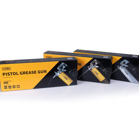 Utool pistol grease gun boxes in yellow and black packaging; three units shown, front view