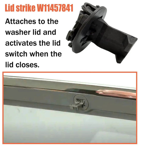 Washer lid lock latch, black plastic, W11457841; top close-up of part, bottom installed on washer lid.