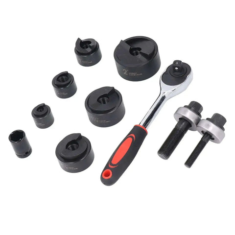 Pro Grade Beefy Ratchet Knockout Hole Punch Kit for Metal and Plastic with 6 size punches, shown with ratchet and tool components.
