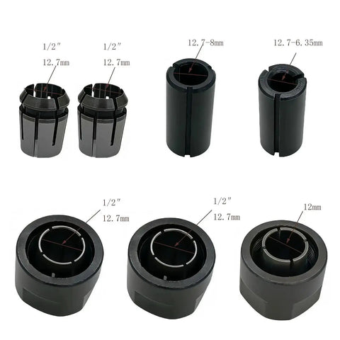 Half Inch Collet Nut Replacement Kit, 2 Pack, compatible with 12V drills and 3612 series, shown with various size options for fitment.