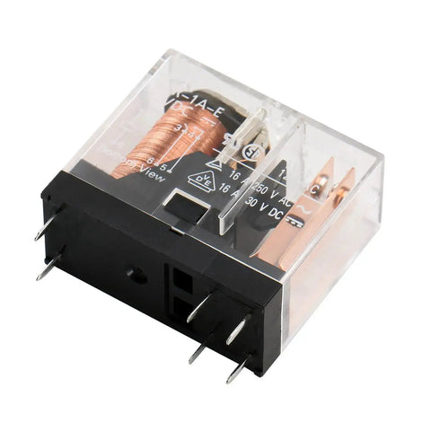 Close-up of G2R 1A E DC12 General Purpose Relay SPST No 12 Volt DC 16 Amp PC board mount relay, transparent casing showing copper coil and pins.
