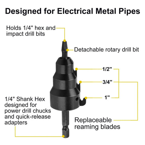 Universal EMT Conduit Reamer For One Half Inch Three Quarter Inch And One Inch Pipes With Improved Bit Retention Deburring And Chamfering Reaming Screwdriver For Drill Chucks And Quick Release Adapters Valkynos showing detachable rotary drill bit and 1/4" shank hex.