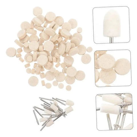 120Pcs Wool Buffing Wheels Set With Mandrel Handle For Rotary Tools Pro Grade Polishing Kit shown with assorted wheel sizes