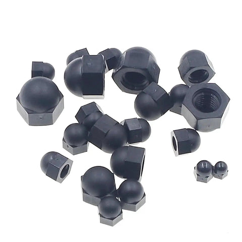 Nylon Acorn Hex Cap Nuts Assortment Kit in Metric Sizes M3 M4 M5 M6 M8 M10 Black Finish Smooth Rounded Head Coarse Thread