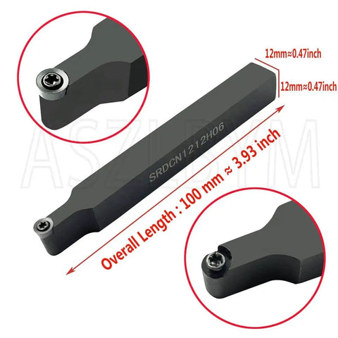 Side view of SRDCN 1212H06 half inch shank from 11 Piece RCMT060204 MO R3 Round Carbide Inserts Set With T8 Wrench
