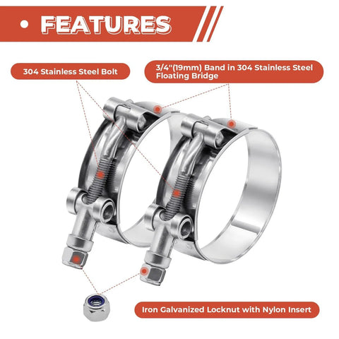 2 Pack 2 Inch T Bolt Hose Clamps Stainless Steel 304 56mm To 64mm Working Range Suitable For 2 Inch Hose ID Leak Proof Design High Strength Heavy Duty Clamp For Turbo Intercooler Intake Pipes Automotive