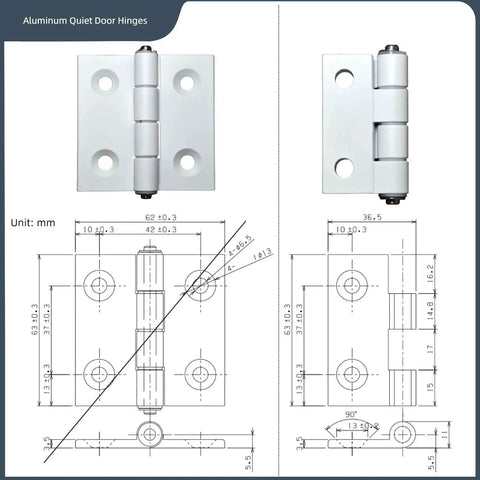 Front and side view of Whisper Quiet Two Point Five Inch Aluminum Door Hinges Four Pack For Cabinets Windows And Furniture Doors With Plastic Bushings Heavy Duty Mortise Hardware Low Dust Reduction For Home And Industrial Use, with technical drawings.