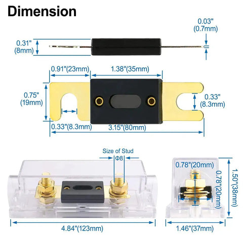 Dimensions and components of the Beefy 70 Amp ANL Fuse Holder Kit With Three Fuses For Car Audio And 12V To 24V Systems Heavy Duty Heat Resistant.