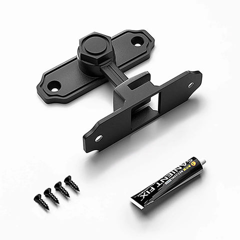 Glow In The Dark Barn Door Lock With 90 Degree Flip Latch, Safety Bolt For Sliding Doors In Bathroom Garden Garage And Pet Cage, Luminous Hardware Black 1 Pack, showing lock parts and screws on a white background.
