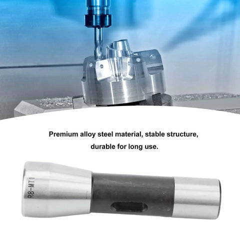 Morse taper drill sleeve adapter R8 to MT1, alloy steel construction, high-precision spindle holder for lathe machining.