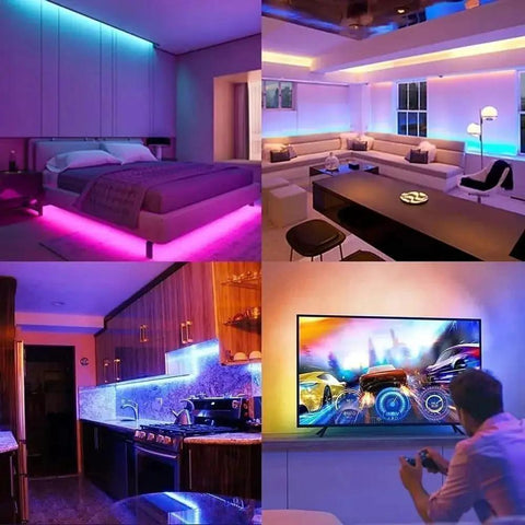 130Ft RGB LED Strip Lights With App And IR Remote Music Sync 24V Power Supply illuminating bedroom, living room, kitchen, TV area